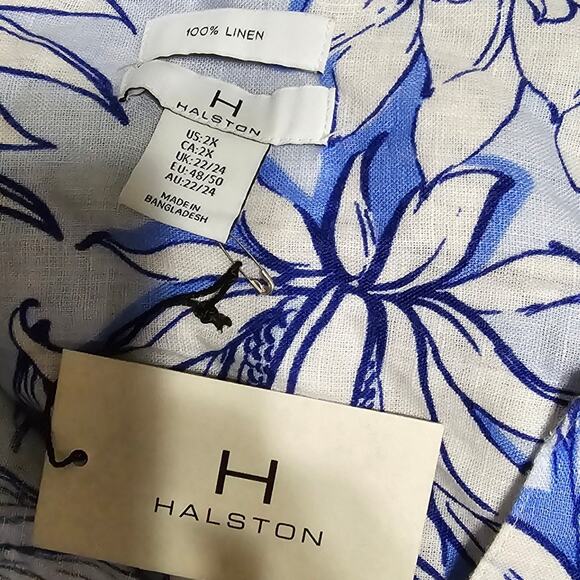 Halston Blue and White Tropical Floral 100 % Linen Button Down Shirt Plus Sz‎ 2X - Picture 6 of 8